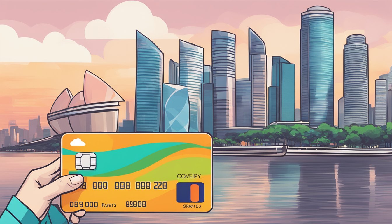 A hand holding an OCBC Cashflo credit card in front of a Singapore skyline