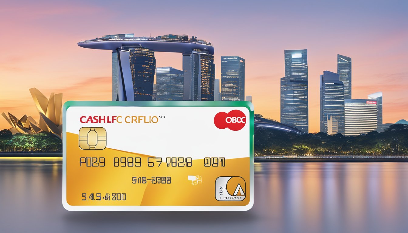 The OCBC Cashflo credit card logo displayed prominently on a sleek, modern design card against a backdrop of the Singapore skyline