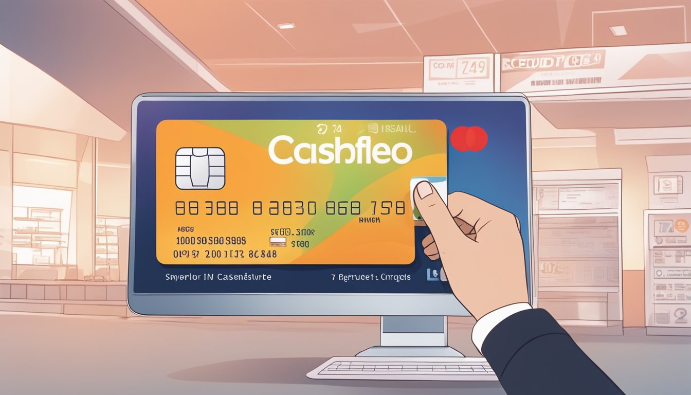A person holding an OCBC Cashflo credit card, with a list of frequently asked questions displayed on a digital screen in the background
