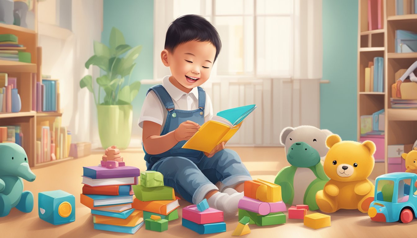 A child happily receives a deposit into their OCBC Child Development Account, surrounded by educational toys and books