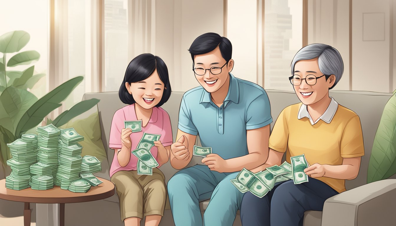 A family happily receives cash benefits from OCBC CDA in Singapore