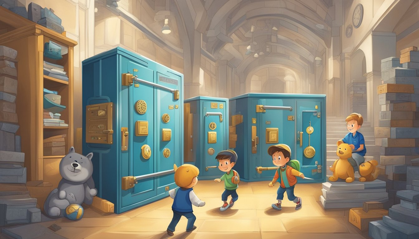 Children playing in a secure and welcoming environment, surrounded by symbols of trust and safety, such as a sturdy bank vault and a friendly, reliable mascot