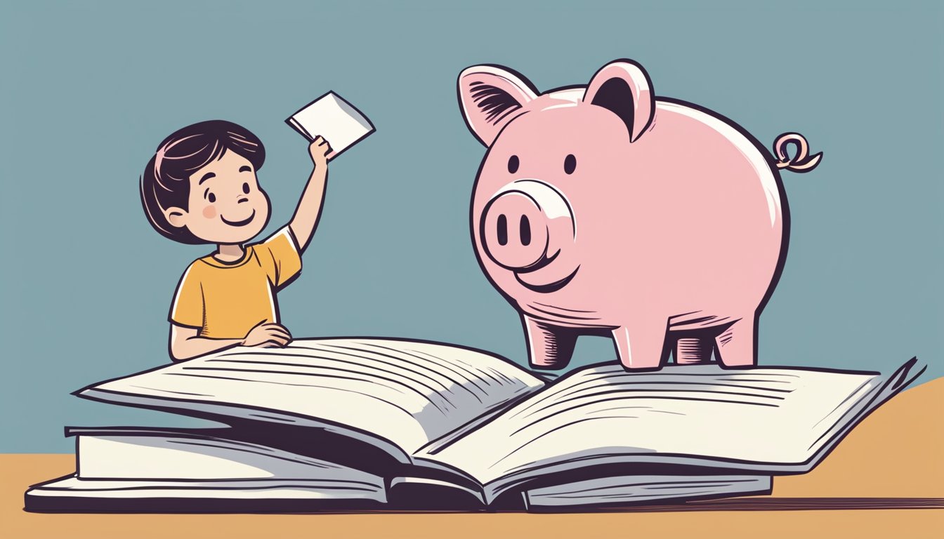 A child's hand reaching for a piggy bank labeled "OCBC CDA" with a parent reading a list of frequently asked questions about the account