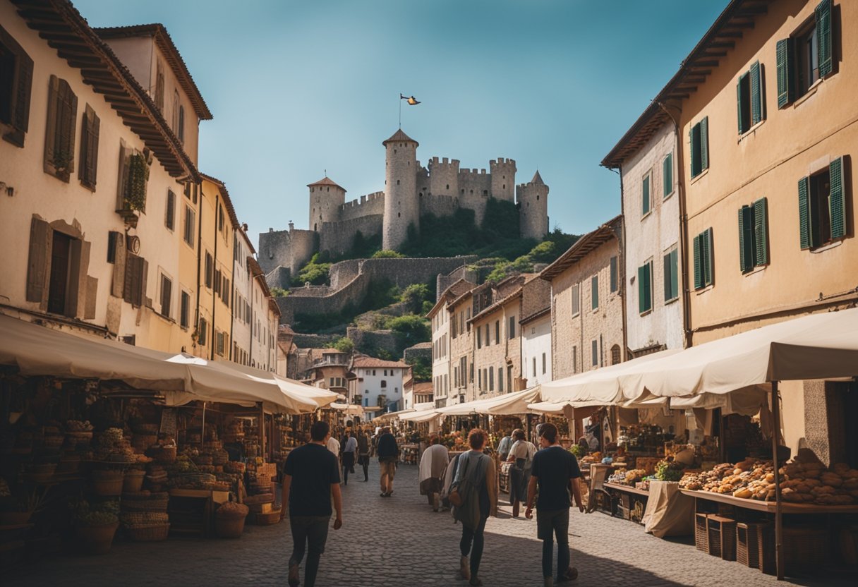 Game of Thrones Tour - The bustling streets of a medieval city, with towering castles and bustling markets, surrounded by lush countryside and rugged coastlines