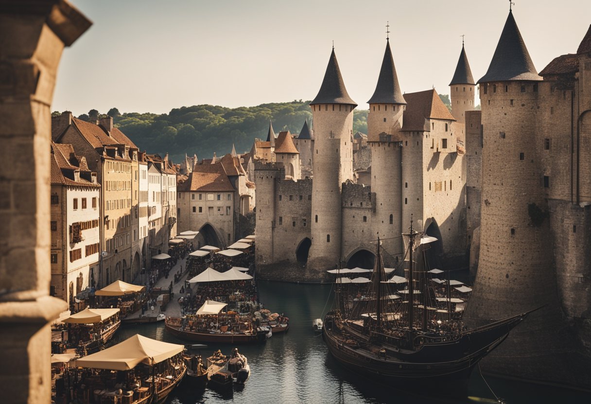 Game of Thrones Tour  - A bustling medieval city with stone walls, narrow cobblestone streets, and towering castles. Ships docked at the harbor, while merchants and travelers bustle through the market square
