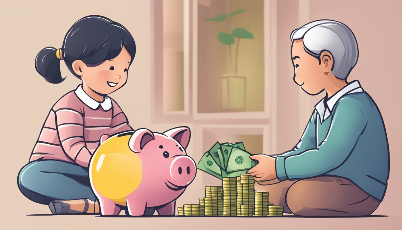 A child's hand placing money into a piggy bank labeled "OCBC CDA Account Singapore" with a parent smiling in the background