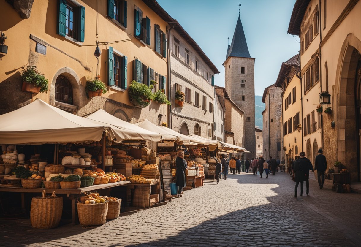 Game of Thrones Tour - Filming Locations A bustling market square in a medieval city, with colorful stalls, narrow cobblestone streets, and towering stone walls. A mix of locals and travelers wander through, surrounded by ancient architecture and a sense of history