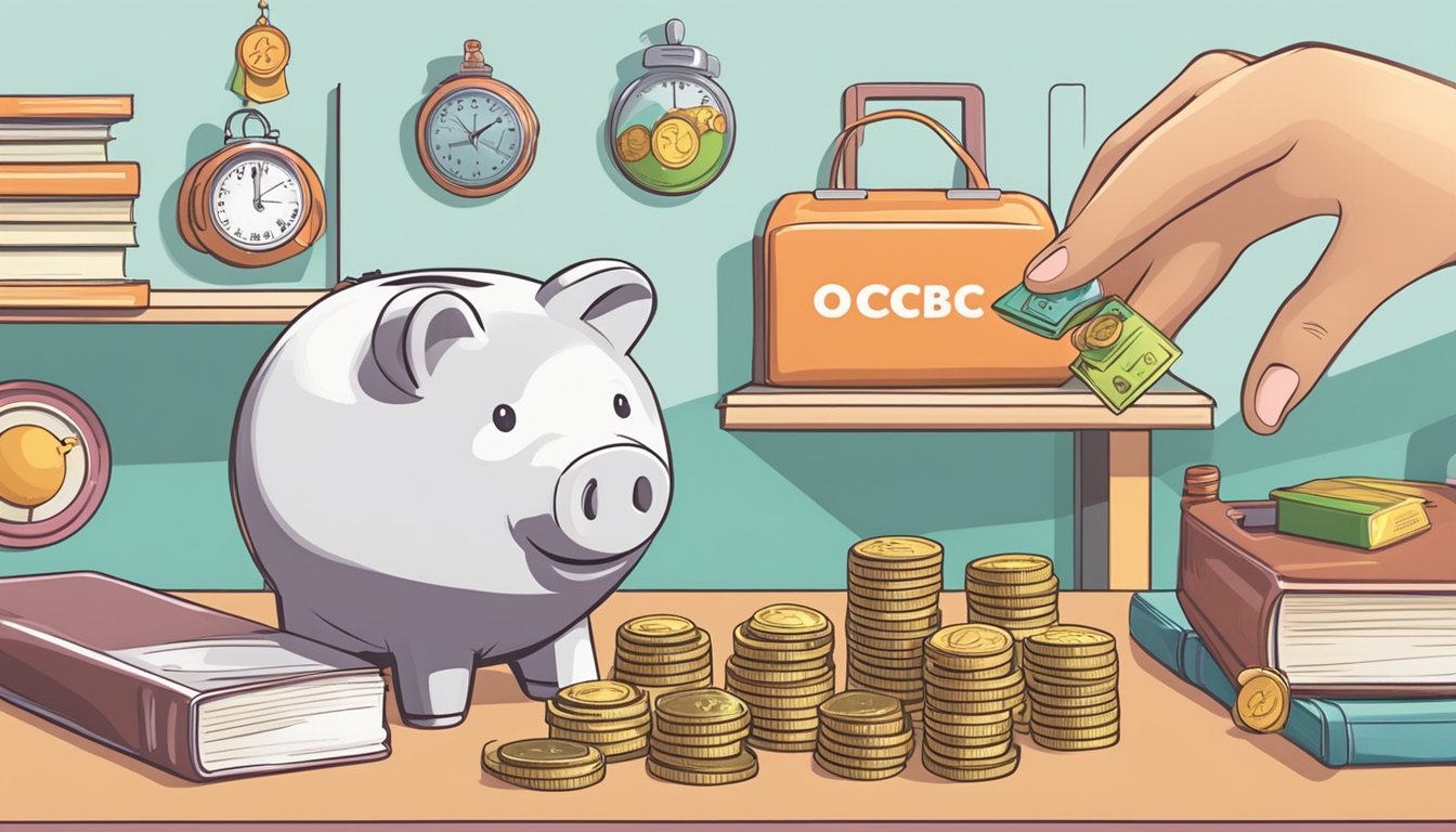 A child's hand placing coins into a piggy bank labeled "OCBC CDA Account Singapore" with a backdrop of educational toys and books