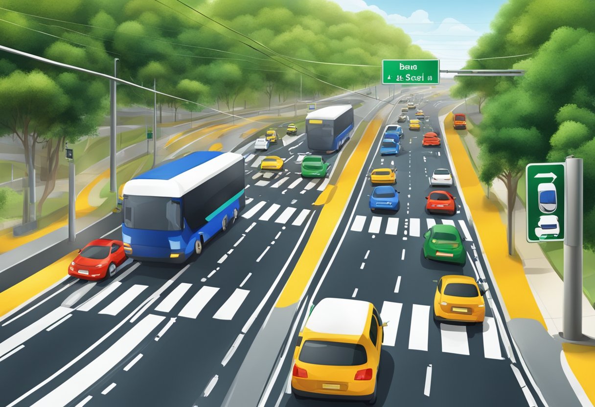 The scene depicts a road with updated traffic signs and markings, reflecting recent changes in the Brazilian Traffic Code and updates to the "Lei Seca" law
