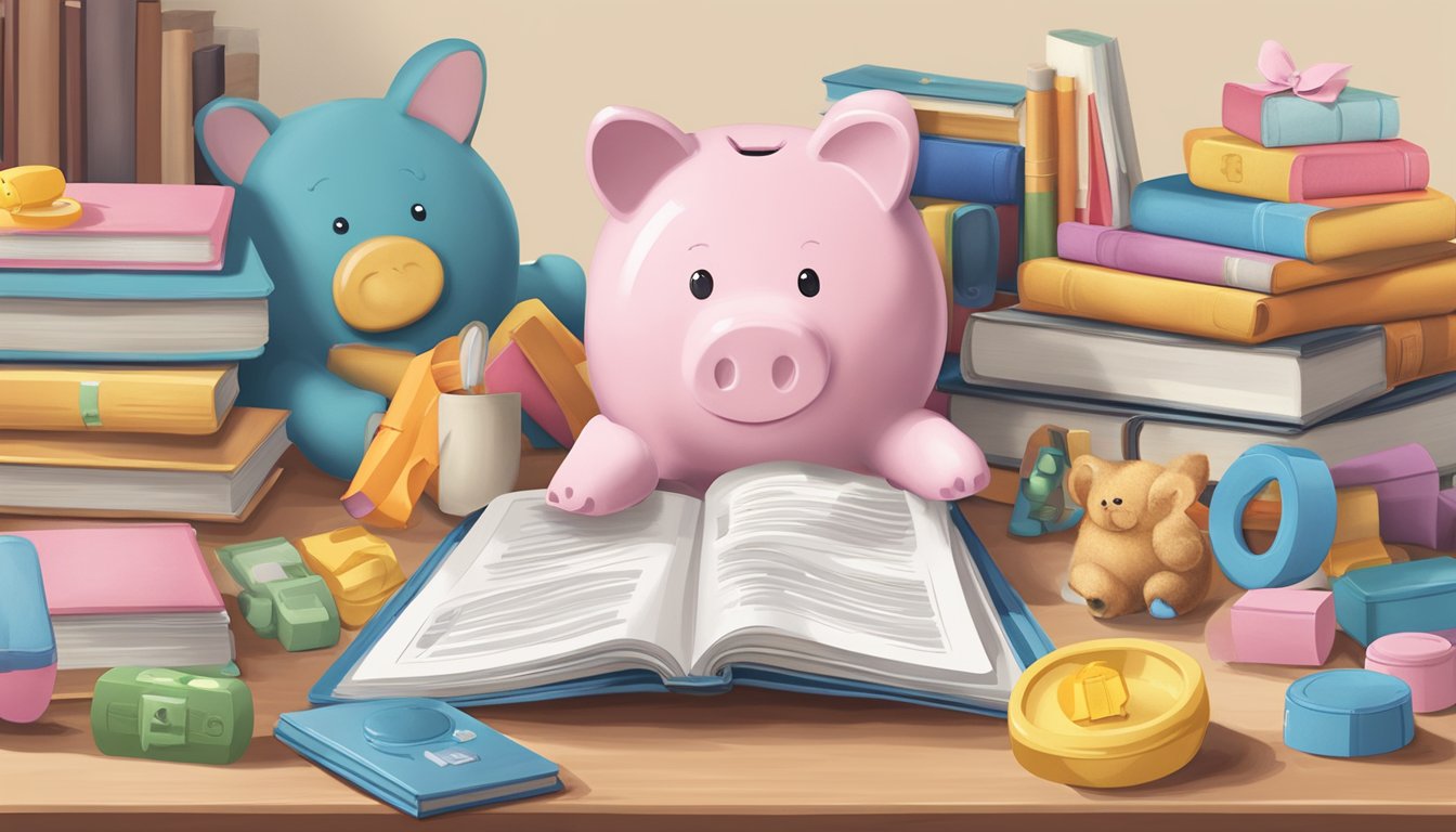A baby surrounded by toys and a stack of books, with a piggy bank and a CDA account passbook from OCBC on a table