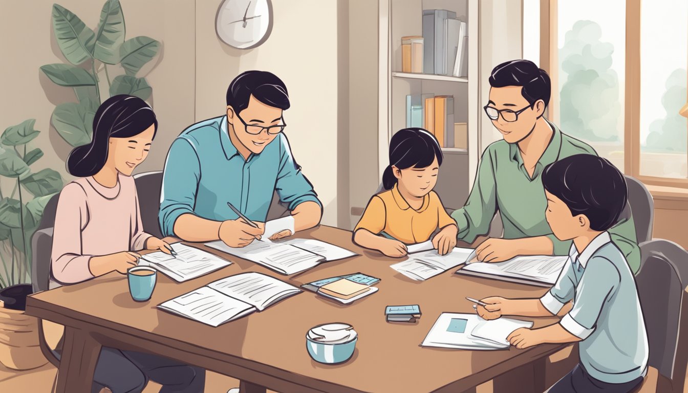 A family sits around a table, discussing financial plans for their child's future education using the OCBC CDA account in Singapore. Documents and calculators are spread out as they strategize
