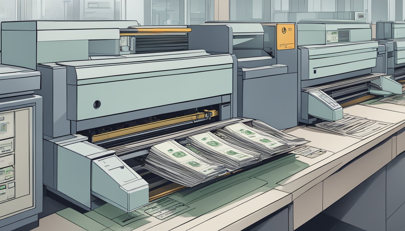 A stack of OCBC cheques being processed through an automated clearing system in a Singaporean bank