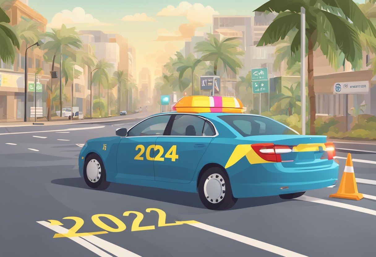 A car driving on a road with a clear "Lei Seca 2024" sign. Police officers conducting sobriety tests on drivers. Legal documents and lawyers representing drivers in court