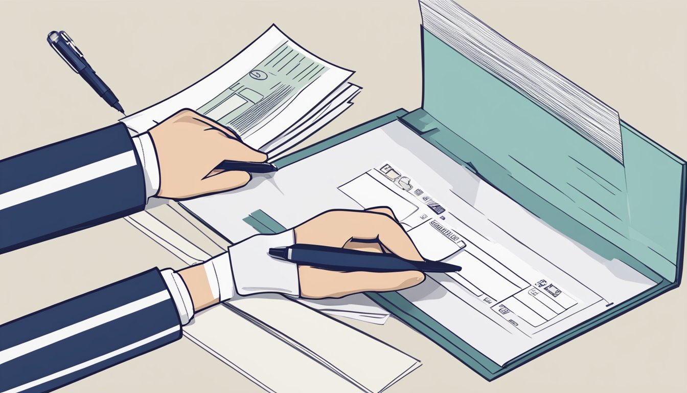 A hand holding a pen writes out a cheque. The cheque is placed in an envelope and sealed. The envelope is then handed over to a bank teller for processing