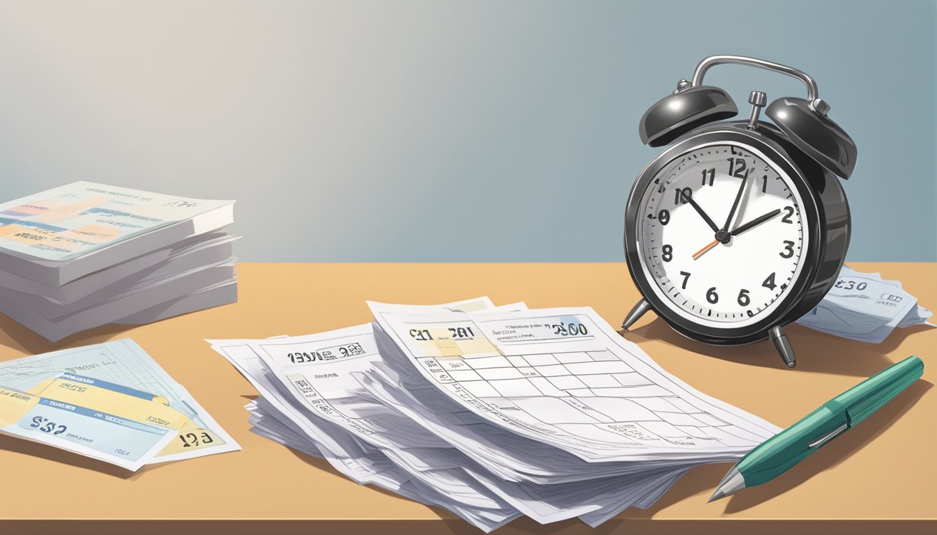 A clock showing 3:00 PM with a stack of cheques and a calendar indicating the cut-off time for OCBC cheque clearing in Singapore