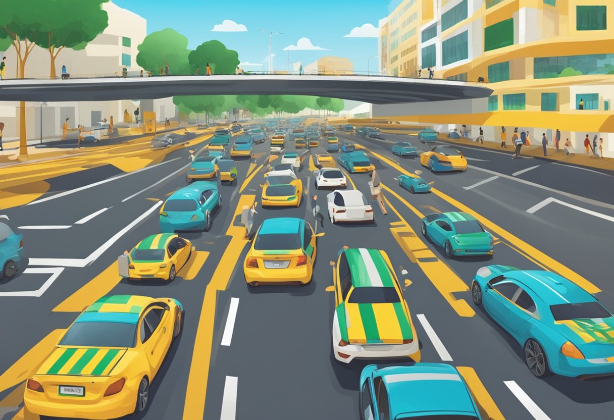 The scene shows a group of Brazilian drivers navigating through new traffic laws in 2024, with a focus on the impact of recent legislative updates on their daily routines