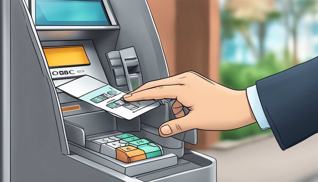 A hand holding a signed OCBC cheque, inserting it into an ATM slot for deposit. Security keypad and authentication process visible