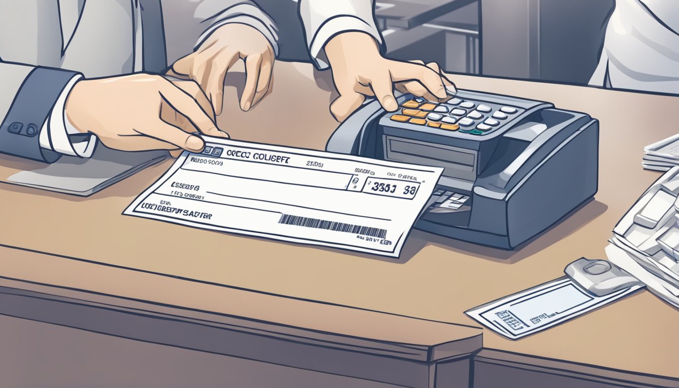 A hand holding an OCBC cheque over a bank counter with a teller processing the deposit
