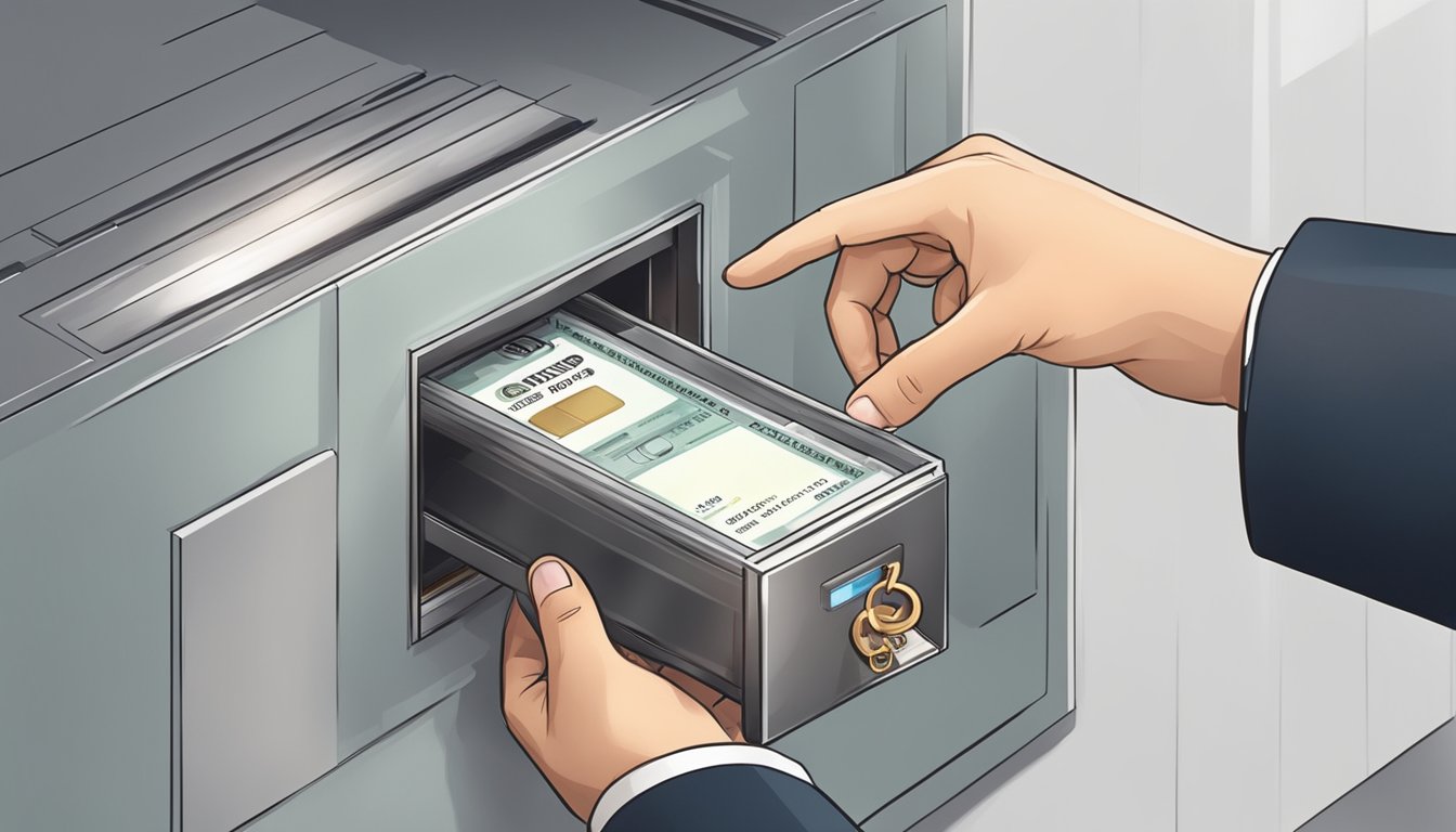 A hand drops a cheque into an OCBC cheque deposit box in Singapore. The box is secured with a key and located in a well-lit area