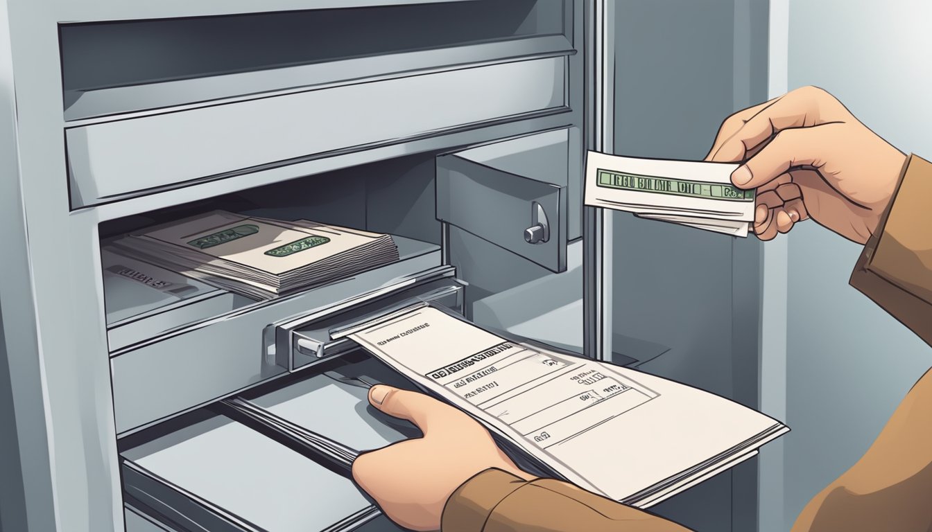 A hand holding a cheque approaches an OCBC cheque deposit box. The hand opens the slot and inserts the cheque. The hand then closes the slot and walks away