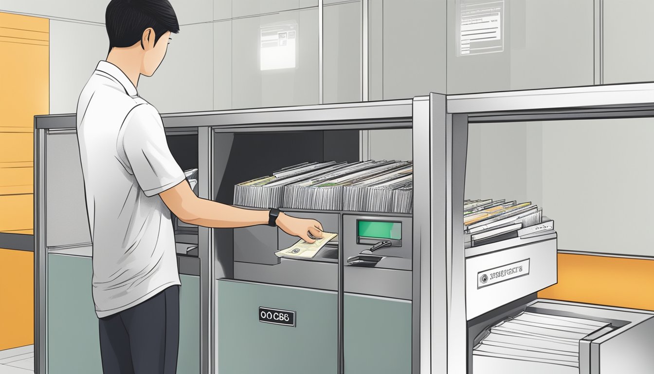 A person inserts a cheque into an OCBC deposit box in Singapore. The box is located within a digital banking alternative center