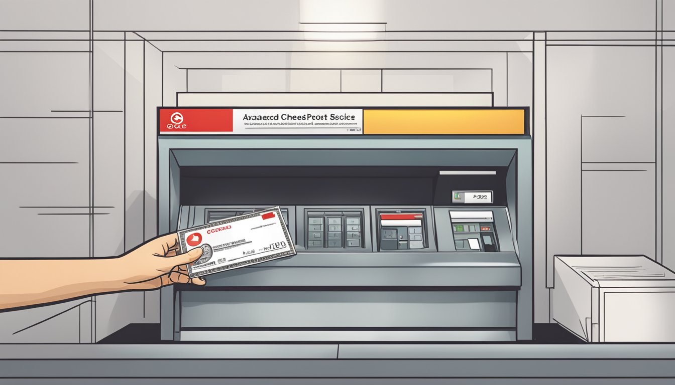 A hand drops a cheque into an OCBC cheque deposit box in Singapore. The box is sleek and modern, with the Advanced Cheque Services logo prominently displayed