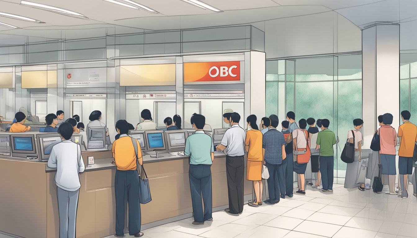 A line of customers waits at an OCBC bank branch, depositing cheques in a designated collection area during operating hours in Singapore