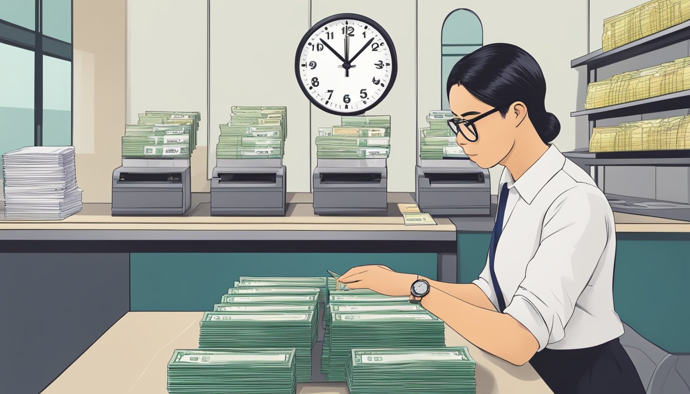 An OCBC bank teller processes a stack of cheques for deposit, with a clock showing the collection time in Singapore