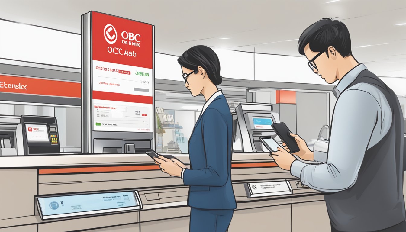 A customer using a smartphone to deposit a cheque at an OCBC bank branch, with a digital banking interface displayed on the screen