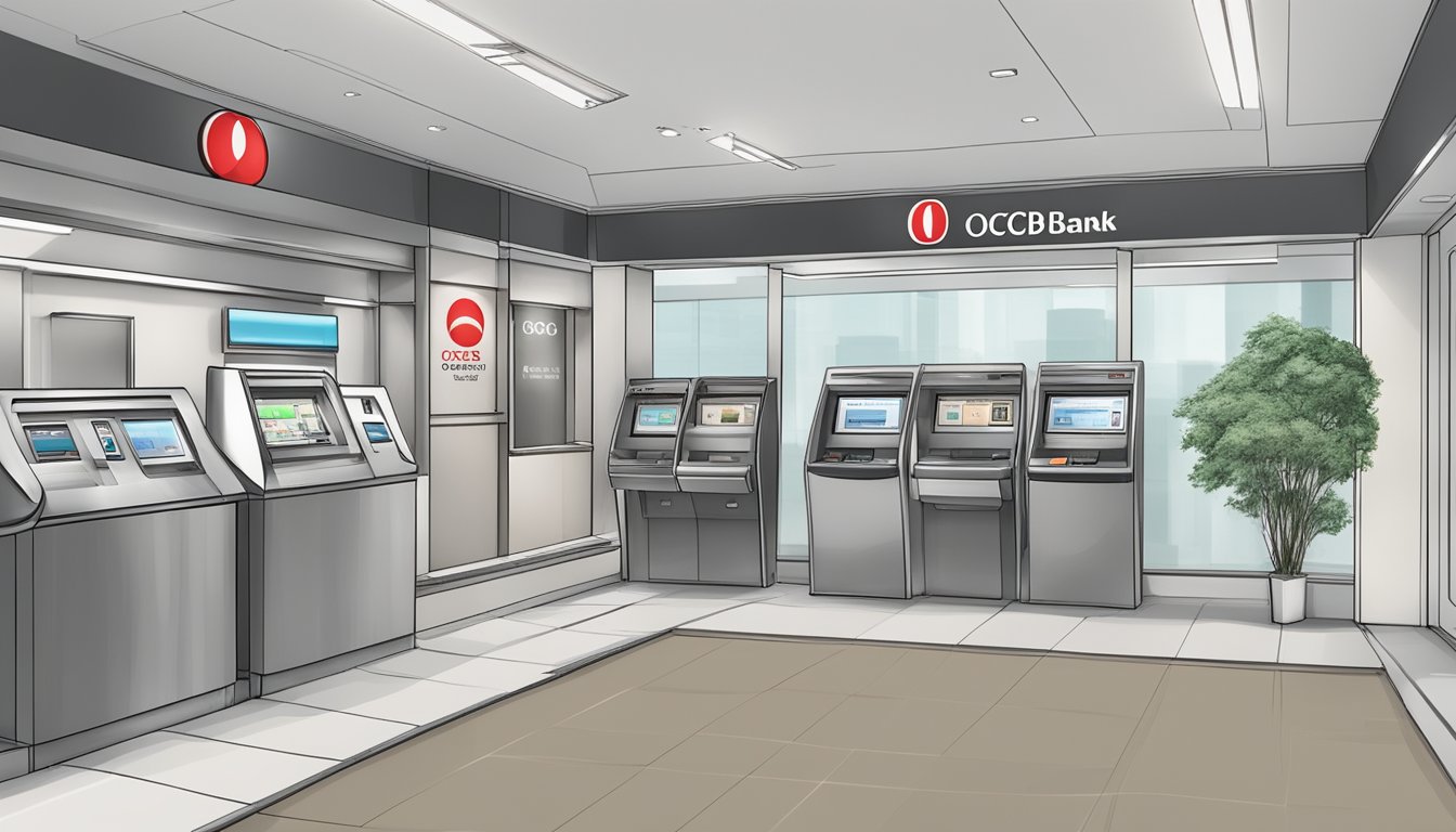 A branch of OCBC bank with an ATM network, featuring a designated area for cheque deposit collection, in Singapore