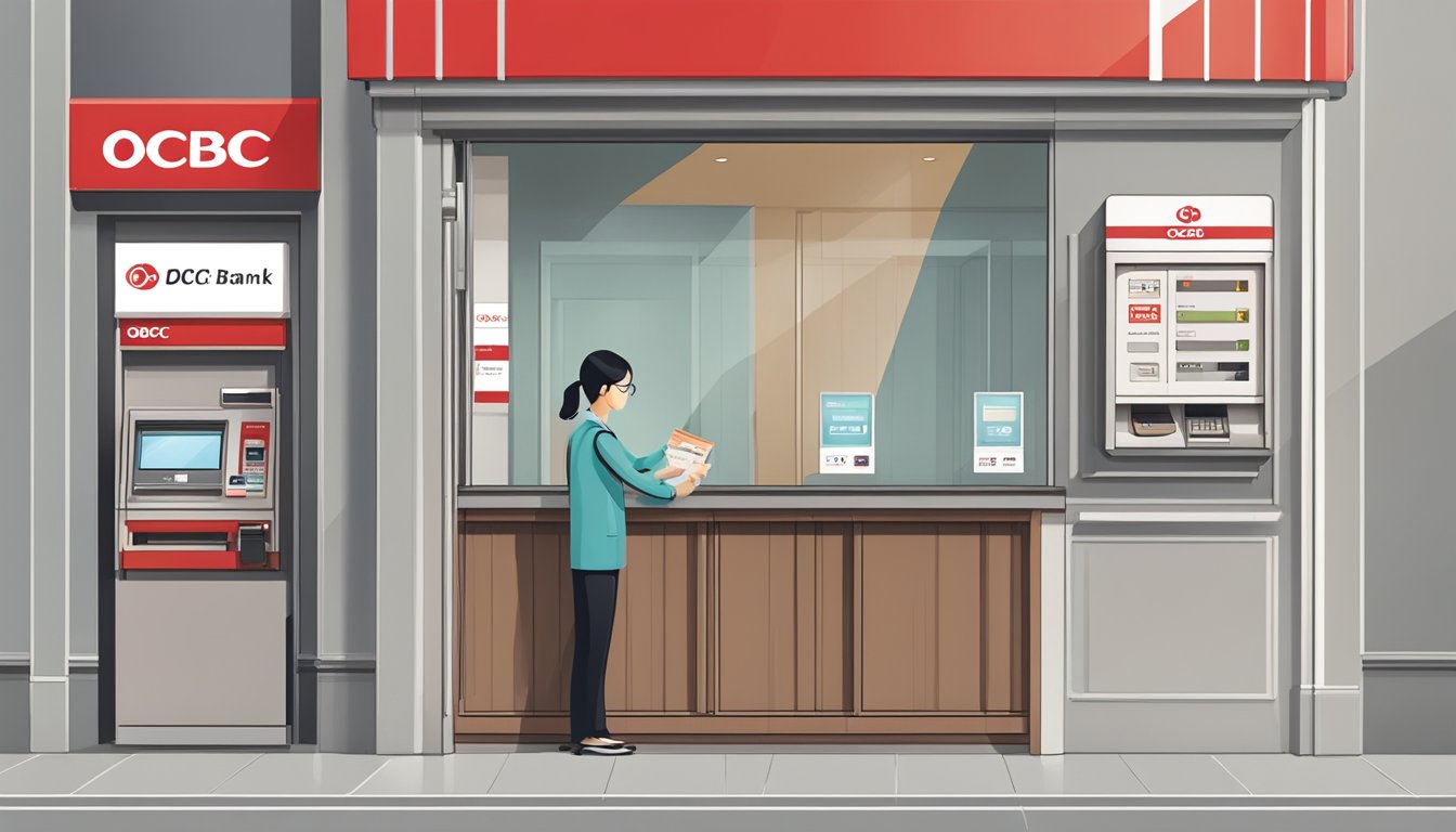 A person is standing in front of an OCBC bank branch, placing a cheque into a deposit slot. The bank's logo and signage are visible above the entrance