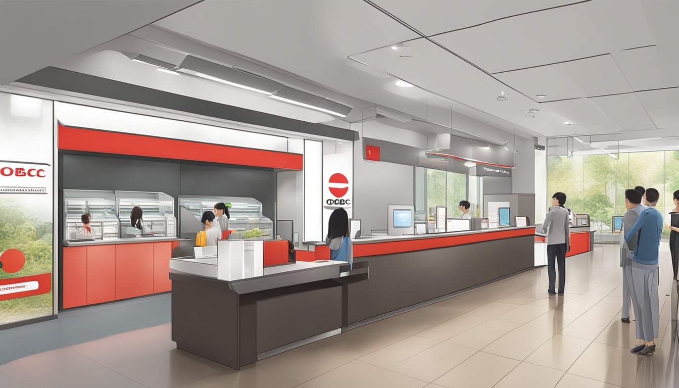The OCBC branch is bustling with customers, while the cheque deposit location stands prominently near the entrance. The sleek and modern design of the branch exudes professionalism and reliability