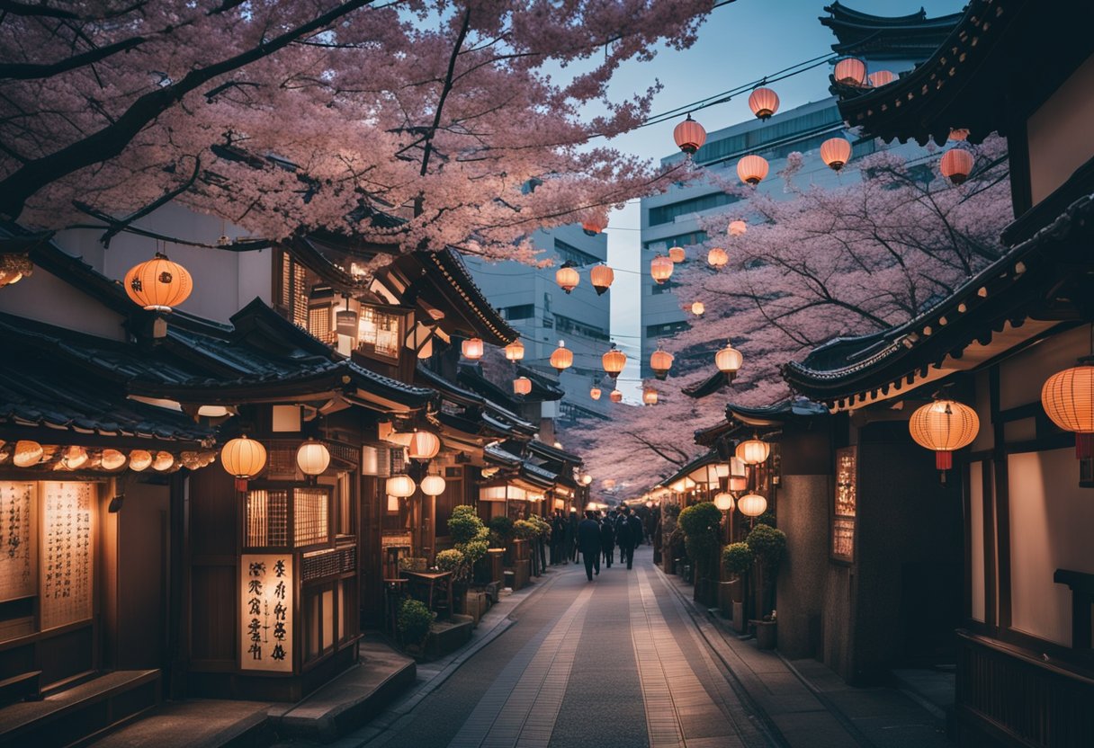 Lost in Translation: Tokyo's Whimsical Side Unveiled - A Cultural Exploration - Bustling Tokyo street with neon signs, cherry blossom trees, and traditional lanterns. A mix of modern and traditional architecture creates a whimsical atmosphere