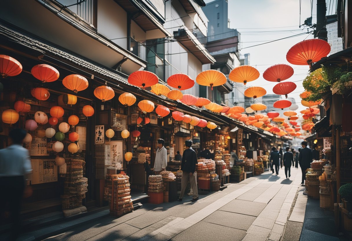 Lost in Translation: Tokyo's Whimsical Side Unveiled - A Cultural Exploration 
 A bustling street in Tokyo adorned with colorful lanterns, traditional paper umbrellas, and vibrant storefronts, showcasing a mix of modern and traditional Japanese culture