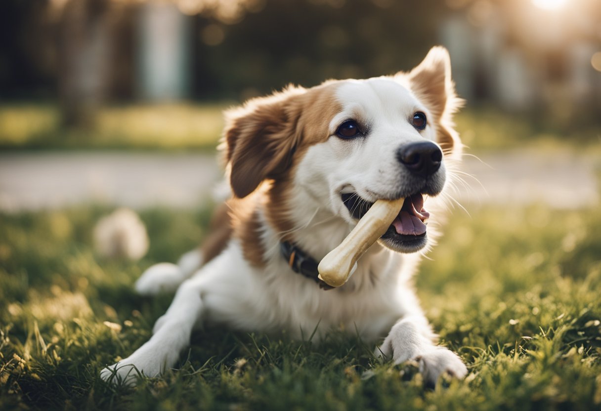 A dog chews on a turkey bone, wagging its tail