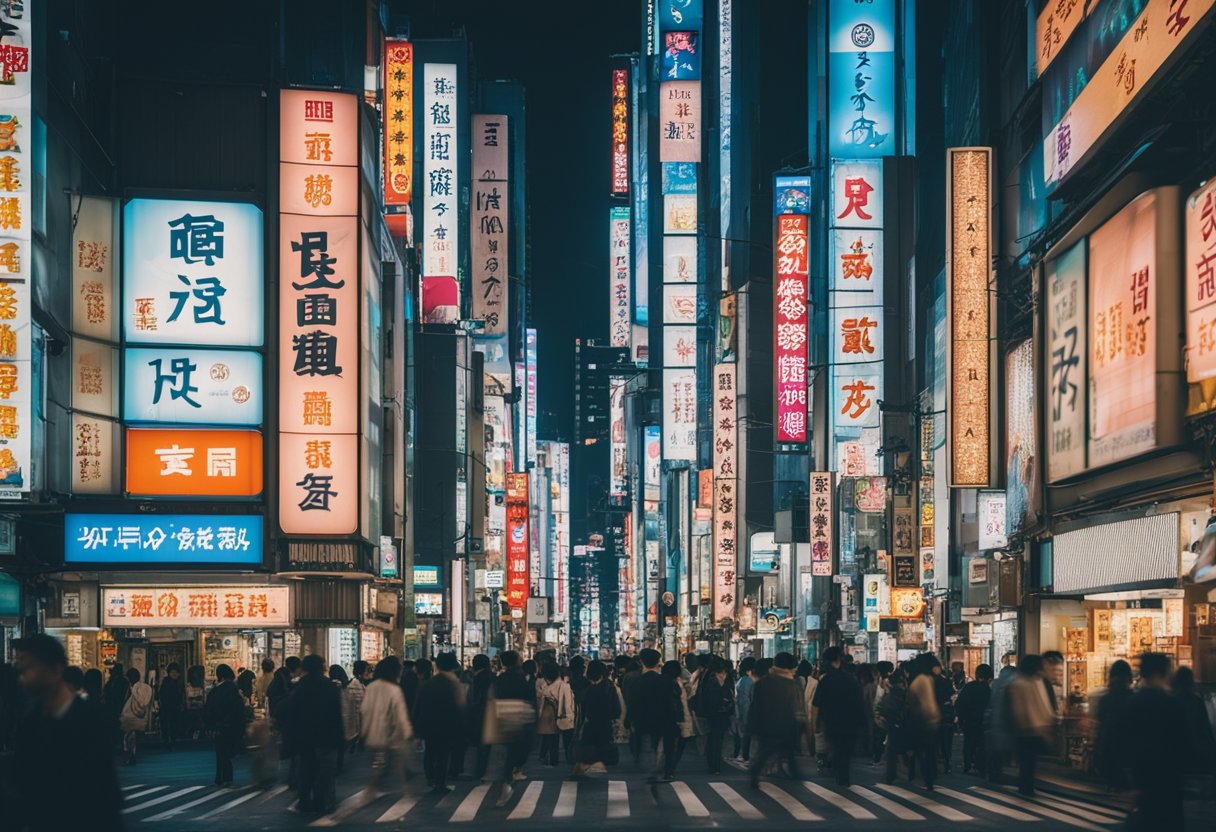 Lost in Translation: Tokyo's Whimsical Side Unveiled - A Cultural Exploration - The bustling streets of Tokyo at night, illuminated by neon signs and colorful billboards, with a mix of traditional and modern architecture creating a whimsical and cinematic atmosphere