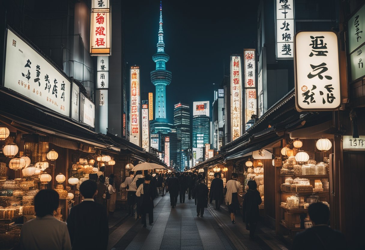Lost in Translation: Tokyo's Whimsical Side Unveiled - A Cultural Exploration - A bustling Tokyo street: ancient temples stand tall next to sleek skyscrapers, while lantern-lit alleyways lead to neon-lit arcades