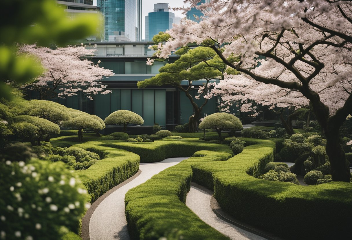 Lost in Translation: Tokyo's Whimsical Side Unveiled - A Cultural Exploration - A serene garden tucked between modern skyscrapers, with blooming cherry blossoms and winding paths, captures the whimsical side of Tokyo's green spaces