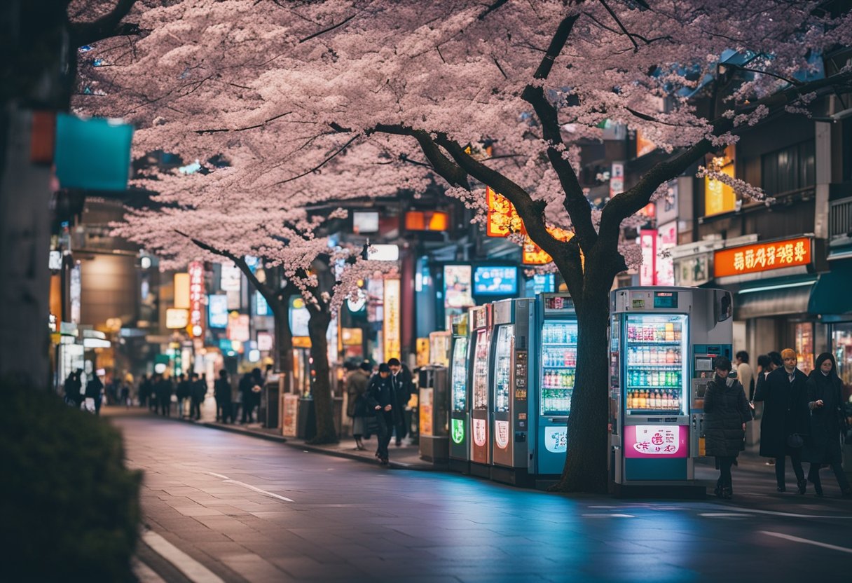 Lost in Translation: Tokyo's Whimsical Side Unveiled - A Cultural Exploration - A bustling Tokyo street with neon signs, cherry blossom trees, and colorful vending machines, capturing the city's vibrant and whimsical atmosphere