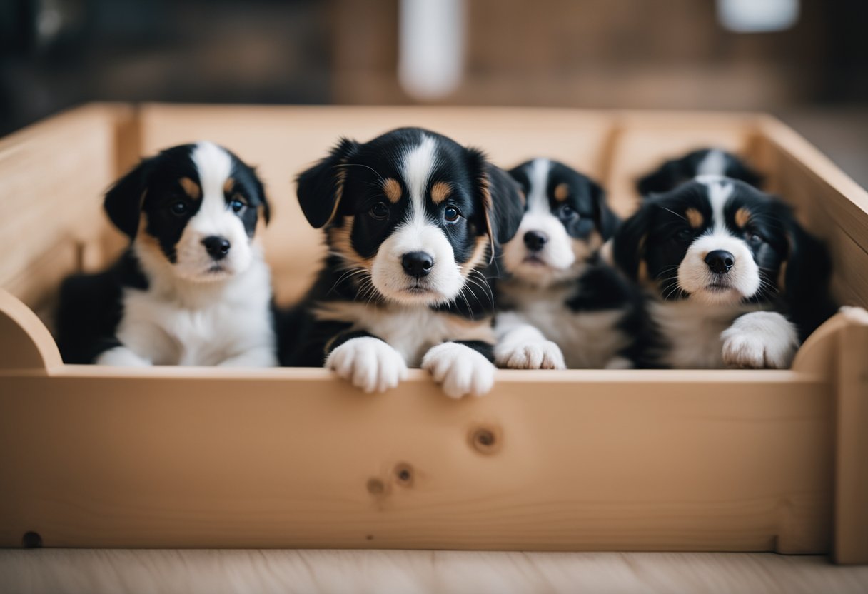 A dog nursing a litter of puppies in a cozy whelping box