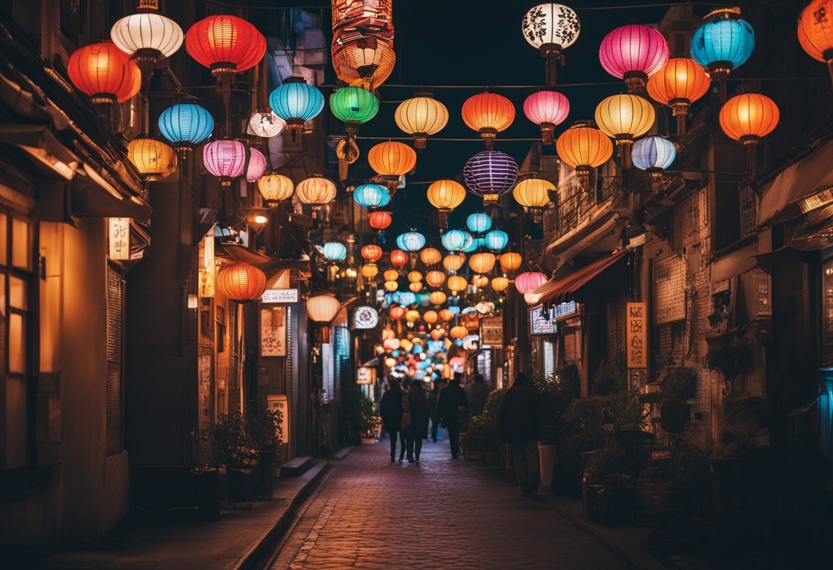 Lost in Translation: Tokyo's Whimsical Side Unveiled - A Cultural Exploration - Colorful neon signs illuminate narrow streets, blending with traditional lanterns. A mix of modern and historic architecture creates a whimsical cityscape