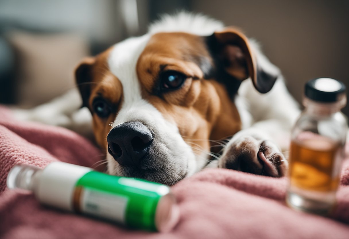 A dog lying peacefully on a soft blanket, surrounded by loving owners. A small bottle of over-the-counter drugs sits nearby, ready to be administered