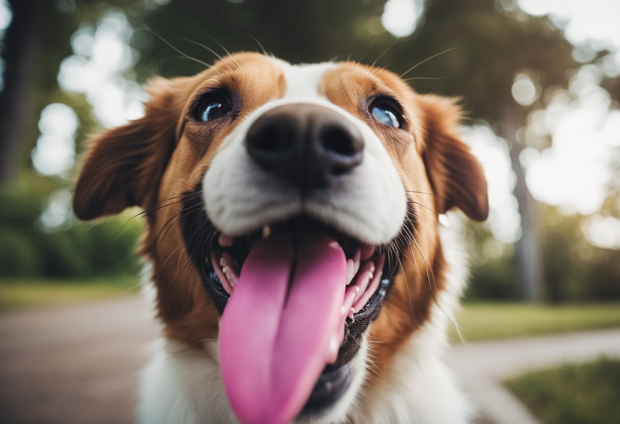 A dog's mouth is depicted as clean, with a bright pink tongue and shiny white teeth