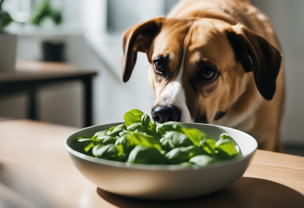 A dog sniffing a bowl of basil leaves with a concerned owner in the background