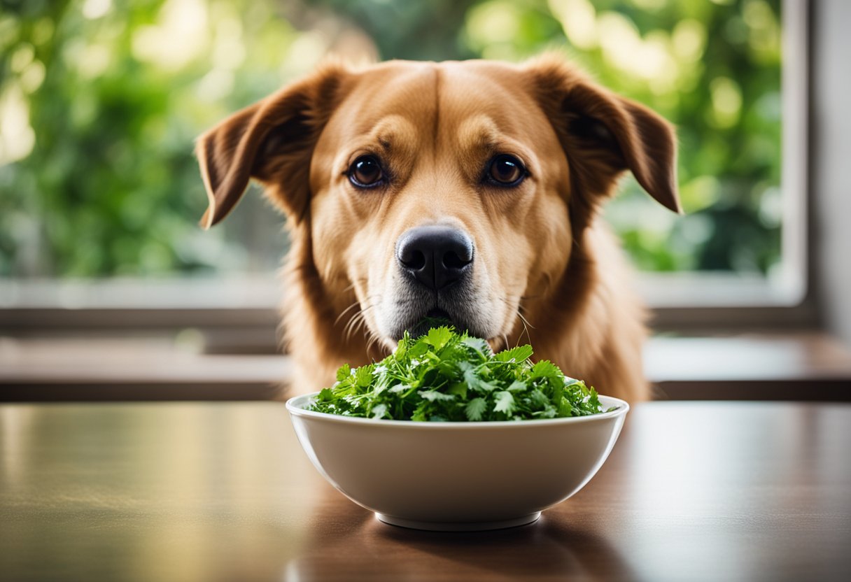 A dog sniffs a bowl of cilantro, looking uncertain