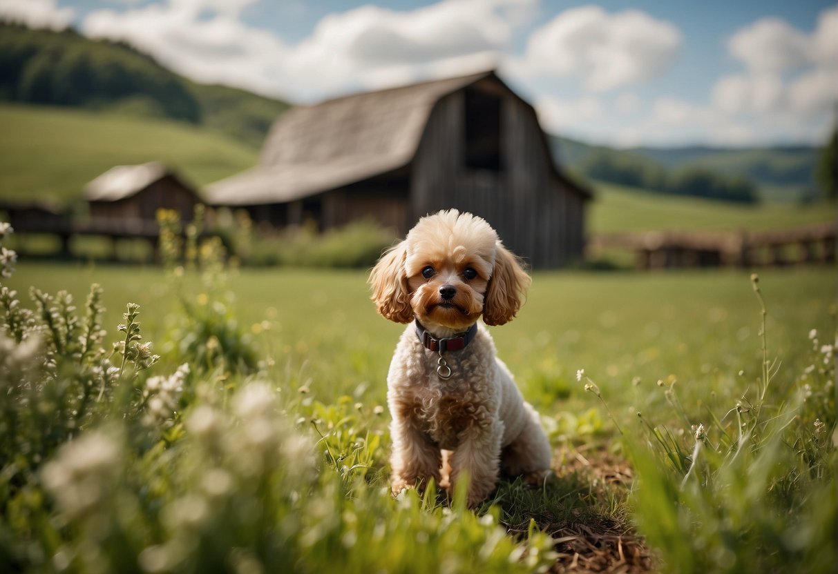 A small, charming toy poodle farm nestled in a picturesque countryside setting, with lush green fields and a rustic barn in the background