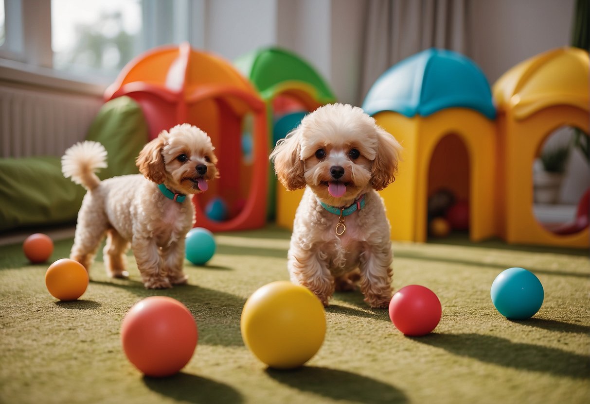 A group of toy poodles playing in a spacious and well-maintained enclosure, with colorful toys scattered around. The setting is bright and cheerful, with clean and comfortable living spaces for the dogs