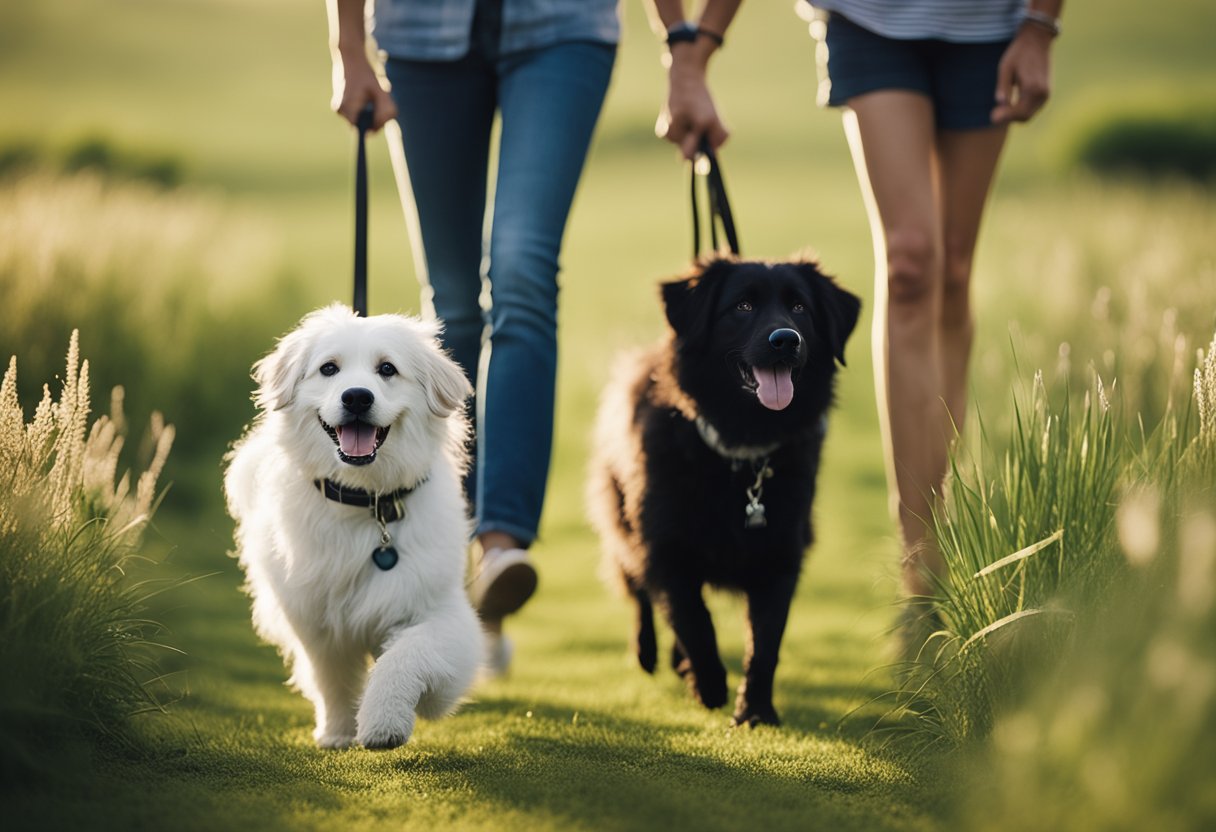 Two friends and a dog named Boo walking in a grassy field