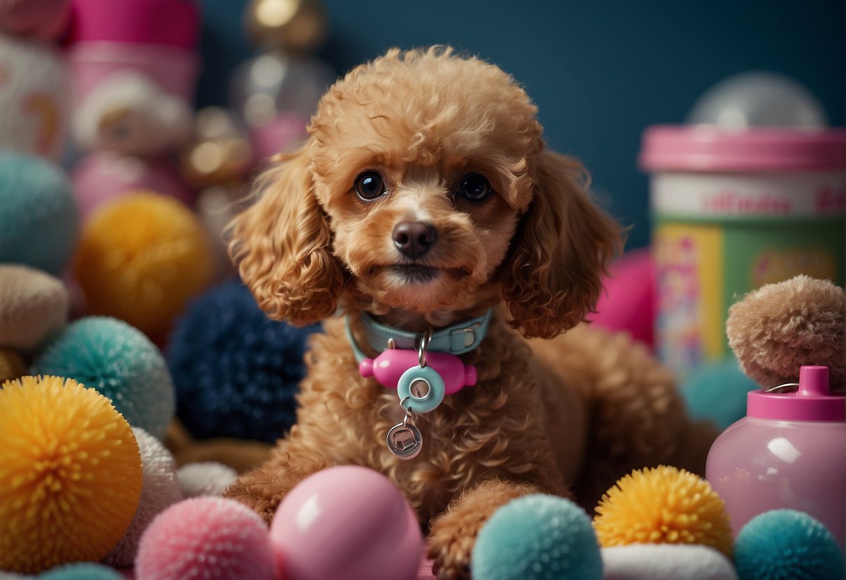 A toy poodle being cared for after adoption, surrounded by toys and grooming supplies