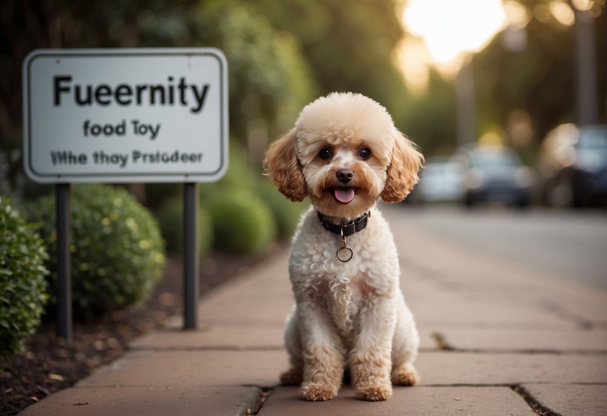 A small, fluffy toy poodle stands in front of a sign that reads "Frequently Asked Questions: Where to find a toy poodle breeder."